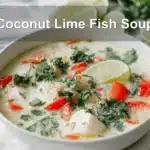 Coconut Lime Fish Soup on a white napkin with limes and herbs, warm and appetizing tones
