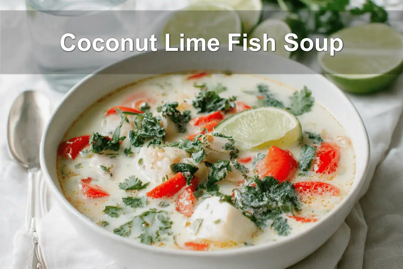 Coconut Lime Fish Soup on a white napkin with limes and herbs, warm and appetizing tones