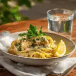 Plated Cowboy Butter Chicken Linguine with parsley, lemon, and creamy sauce in natural light.