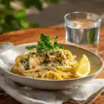 Plated Cowboy Butter Chicken Linguine with parsley, lemon, and creamy sauce in natural light.