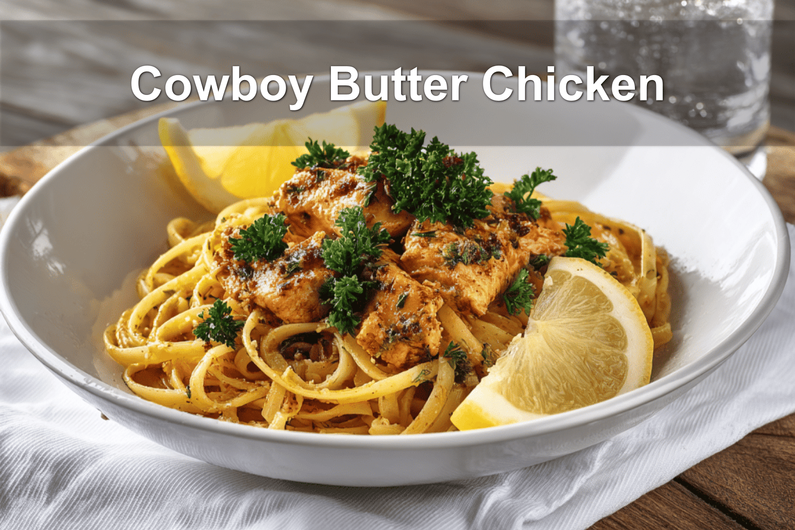 Cowboy Butter Chicken Linguine served with parsley and lemon garnish on a clean, styled table.