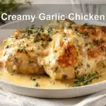 Creamy Garlic Chicken plated and styled with rich sauce, fresh herbs, and warm tones.