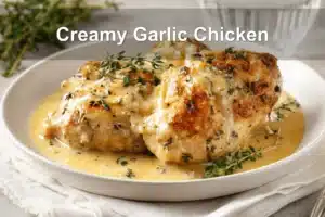 Creamy Garlic Chicken plated and styled with rich sauce, fresh herbs, and warm tones.