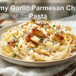 Creamy Garlic Parmesan Chicken Pasta plated on white napkin with herbs and glass of water