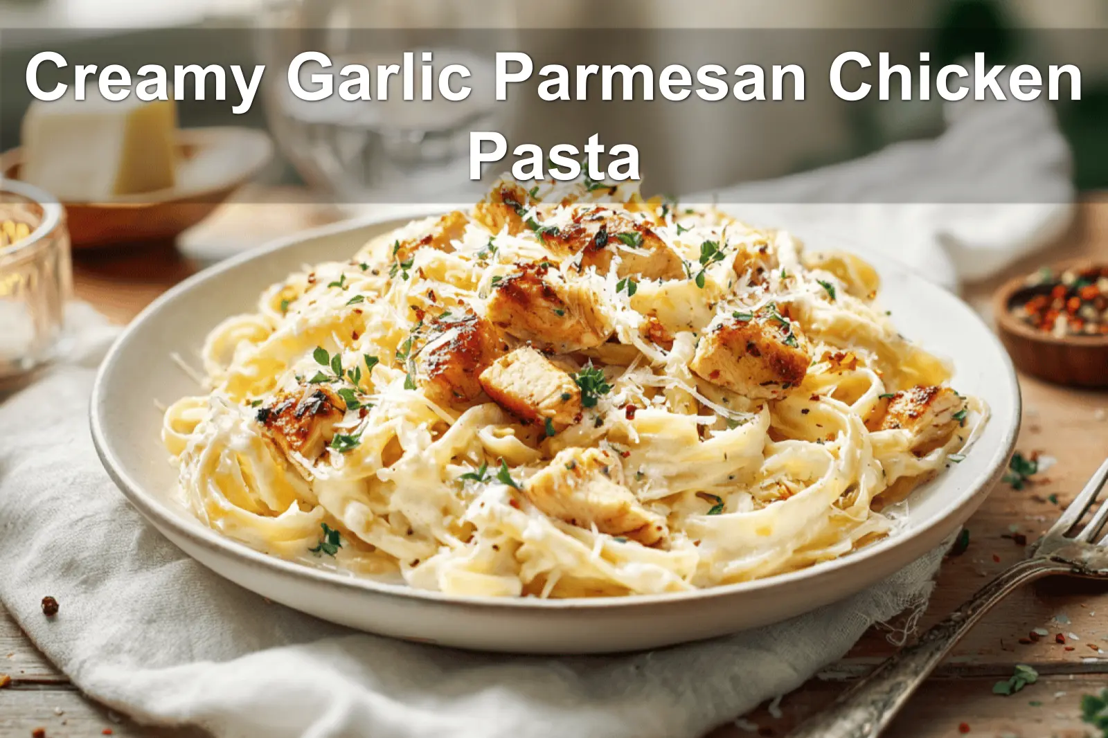 Creamy Garlic Parmesan Chicken Pasta plated on white napkin with herbs and glass of water