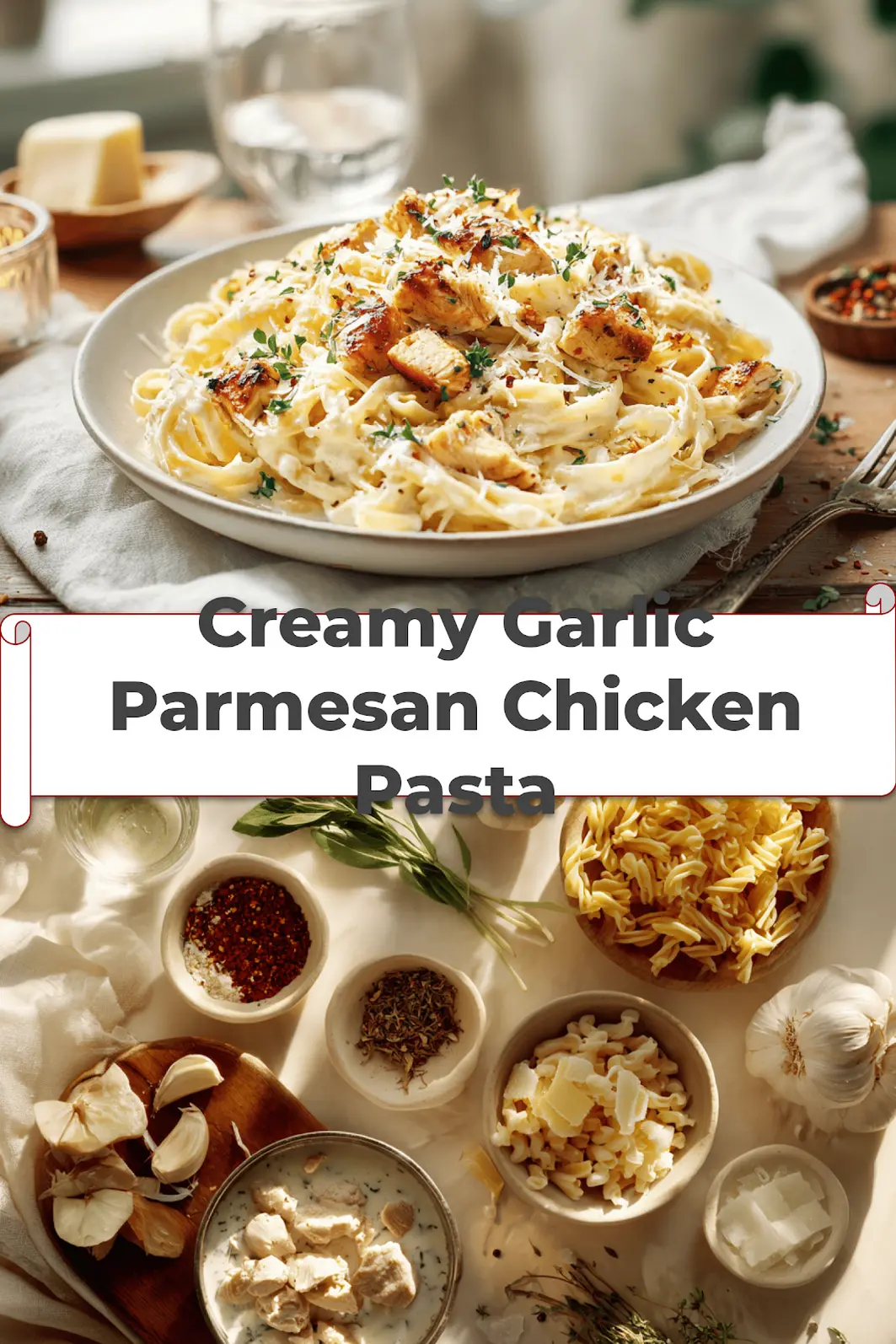 Creamy Garlic Parmesan Chicken Pasta: Restaurant Flavor at Home 5 Creamy Garlic Parmesan Chicken Pasta plated on white napkin with herbs and glass of water_pin