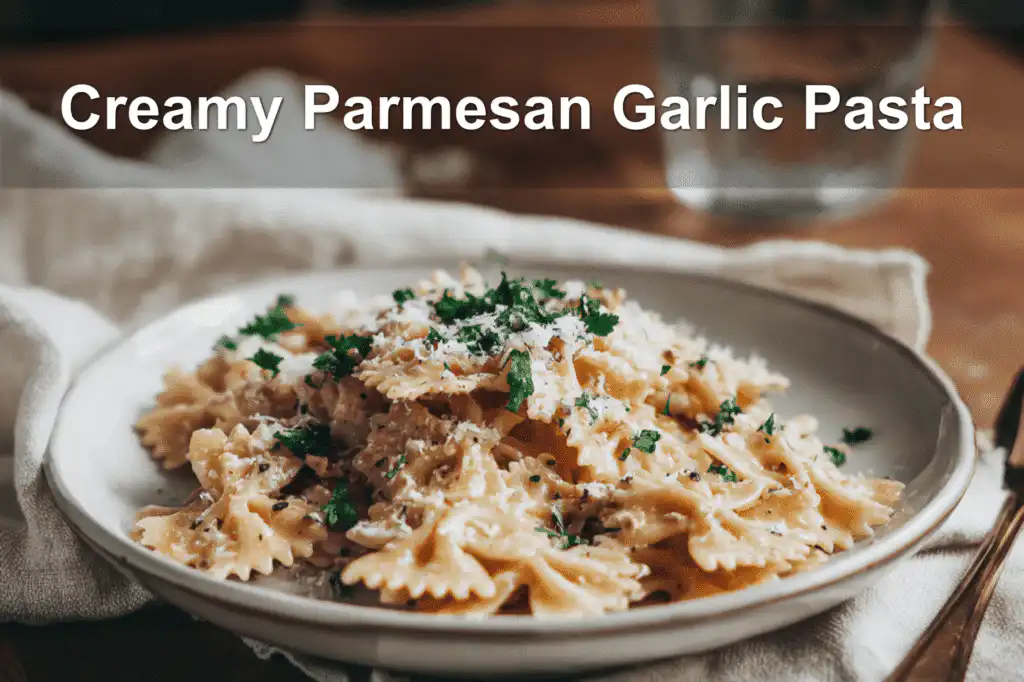 Creamy Parmesan Garlic Beef Bowtie Pasta plated with parsley garnish and glass of water nearby.