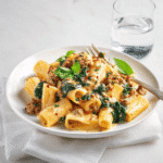 Finished Creamy Sausage Rigatoni served with bright garnish and a clean, elegant presentation.