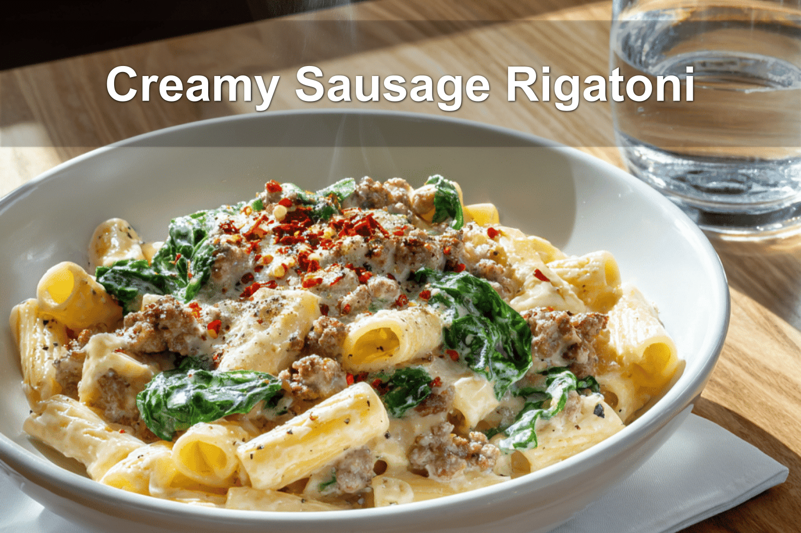 Creamy Sausage Rigatoni garnished with herbs and served on a white napkin with a glass of water.