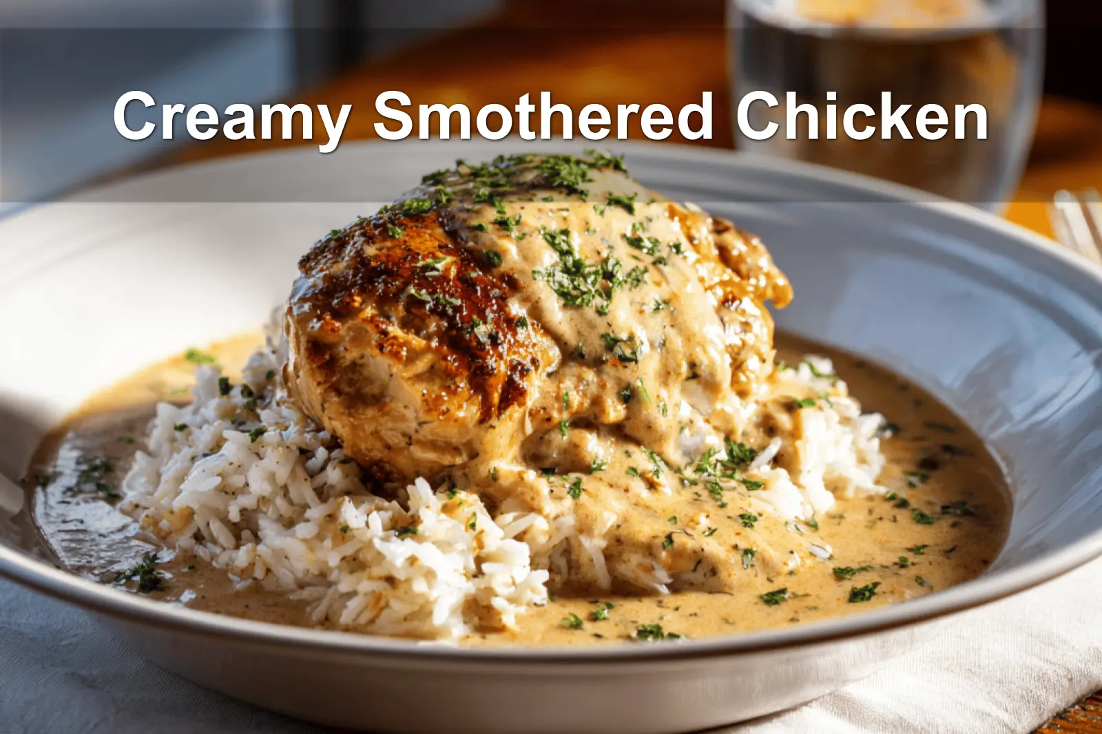 Creamy Smothered Chicken in a white bowl on a table with white napkin and glass of water.