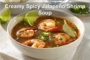 Creamy Spicy Jalapeño Shrimp Soup in a warm bowl garnished with lime and fresh green herbs