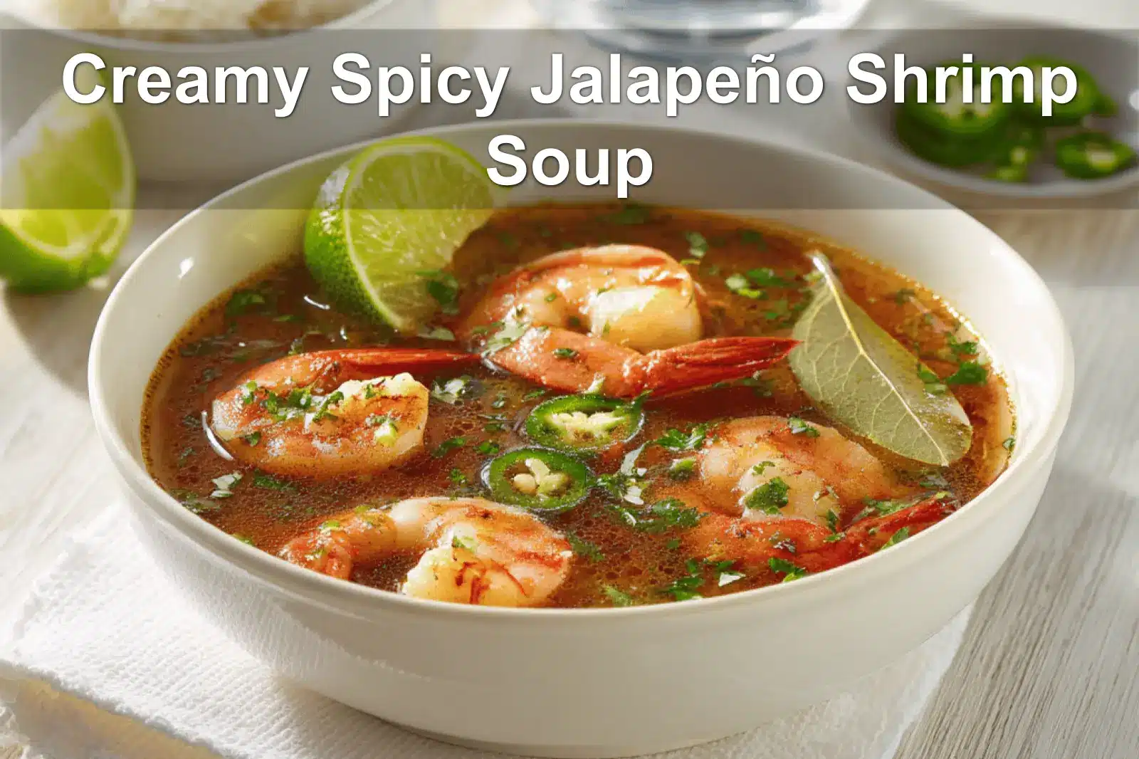 Creamy Spicy Jalapeño Shrimp Soup in a warm bowl garnished with lime and fresh green herbs