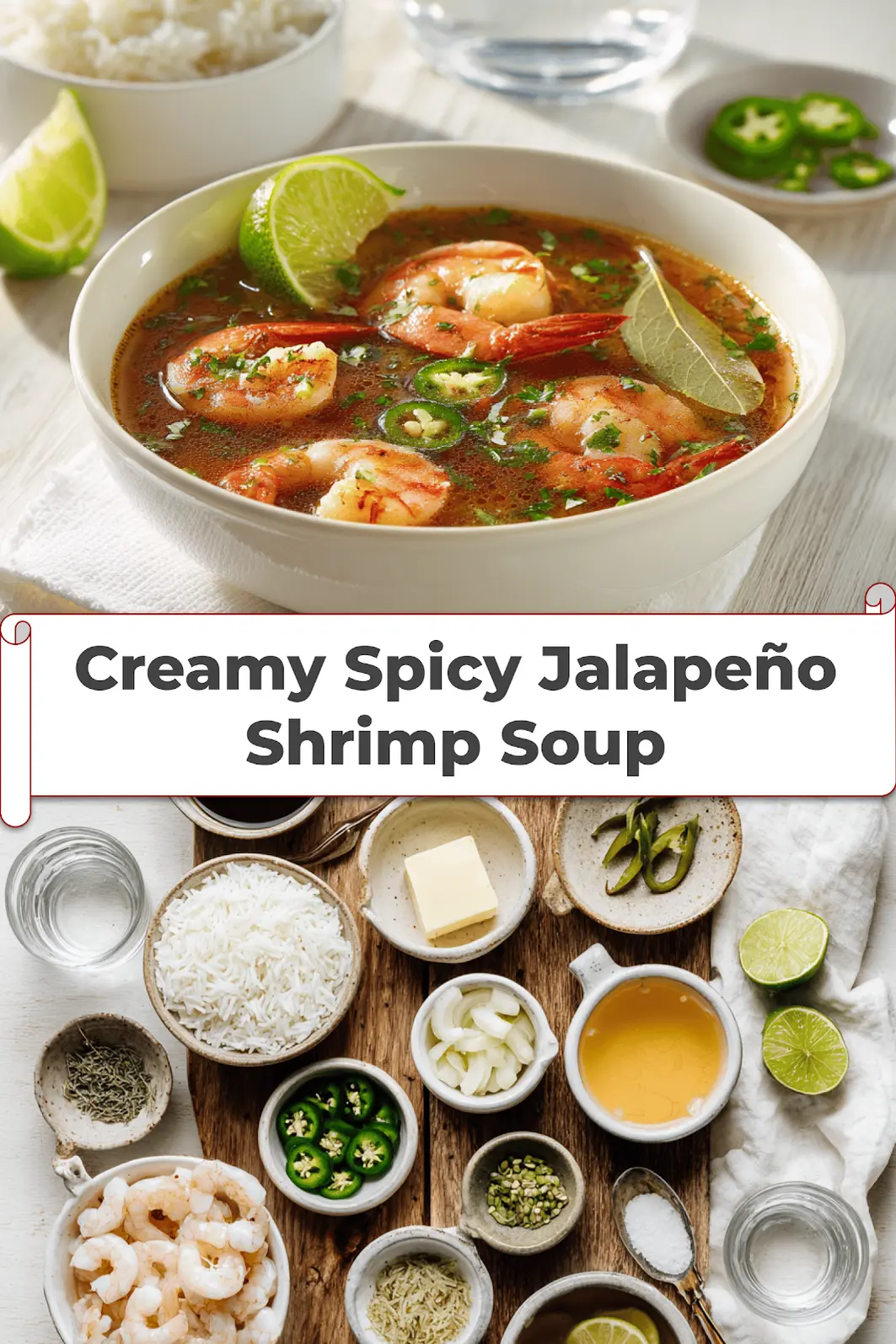 Creamy Spicy Jalapeño Shrimp Soup Recipe Delight 5 Creamy Spicy Jalapeño Shrimp Soup in a warm bowl garnished with lime and fresh green herbs_pin