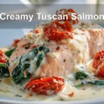 Creamy Tuscan Salmon plated with sun dried tomatoes spinach and creamy white sauce