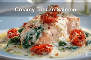 Creamy Tuscan Salmon plated with sun dried tomatoes spinach and creamy white sauce