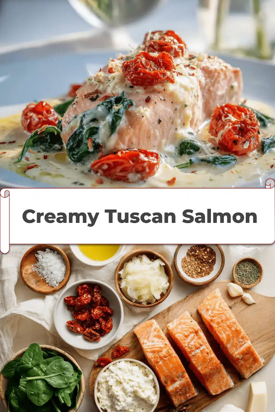 Creamy Tuscan Salmon: Irresistible and Easy Recipe 5 Creamy Tuscan Salmon plated with sun dried tomatoes spinach and creamy white sauce_pin