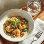Final Creamy Tuscan Shrimp dish, beautifully plated with spinach and basil for serving.