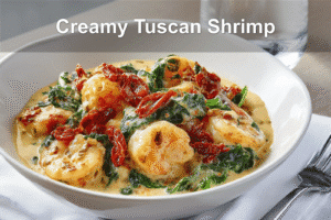 Creamy Tuscan Shrimp - Easy Recipe for a Flavorful Dinner Creamy Tuscan Shrimp plated with sun-dried tomatoes and spinach as the hero shot for a blog post.