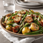 Final plated Crockpot Kielbasa and Green Beans with beautiful garnish and warm lighting.