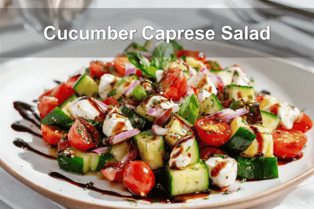 Cucumber Caprese Salad plated on white napkin in natural warm lighting