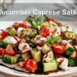 Cucumber Caprese Salad plated on white napkin in natural warm lighting