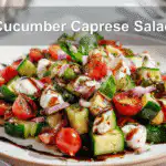 Cucumber Caprese Salad plated on white napkin in natural warm lighting