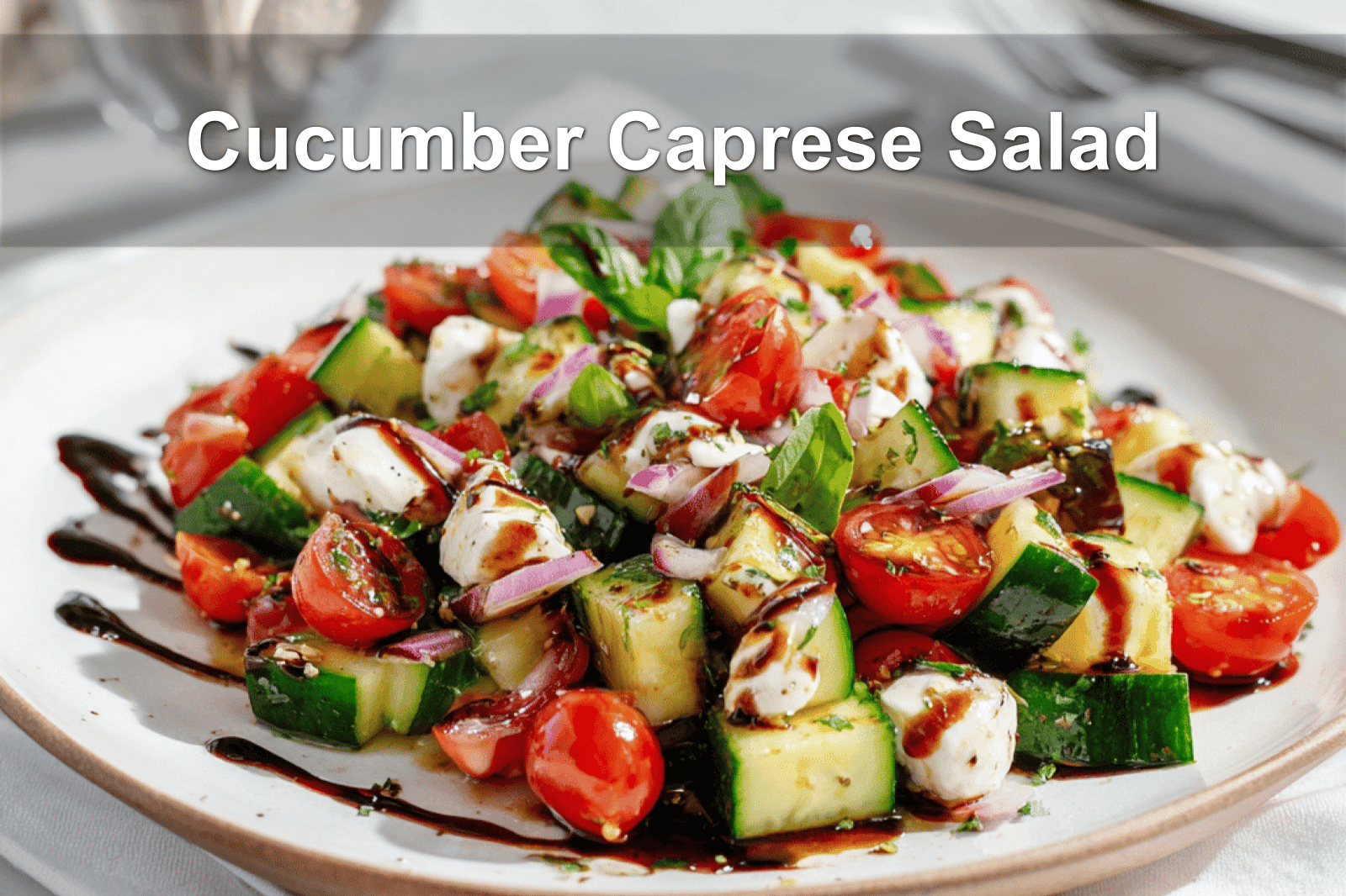 Cucumber Caprese Salad plated on white napkin in natural warm lighting