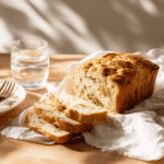 Final baked dill pickle bread plated with a glass of water beside it.