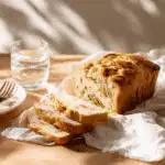 Final baked dill pickle bread plated with a glass of water beside it.