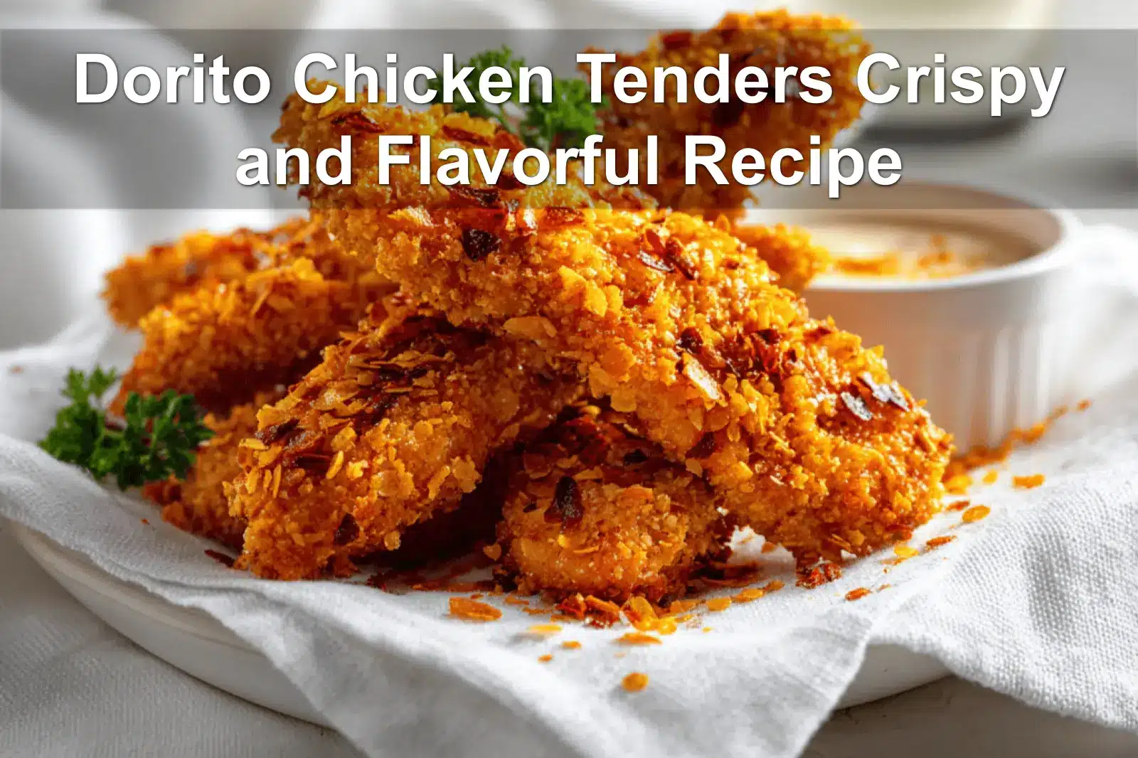 Dorito Chicken Tenders Crispy and Flavorful Recipe golden crispy Dorito coated chicken pieces on white napkin