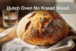 Artisan Dutch oven no-knead bread on white cloth, warm tones, clean setup, natural light.