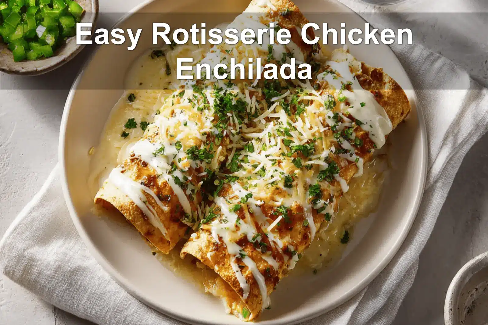 Easy Rotisserie Chicken Enchilada beautifully presented with toppings and soft colors