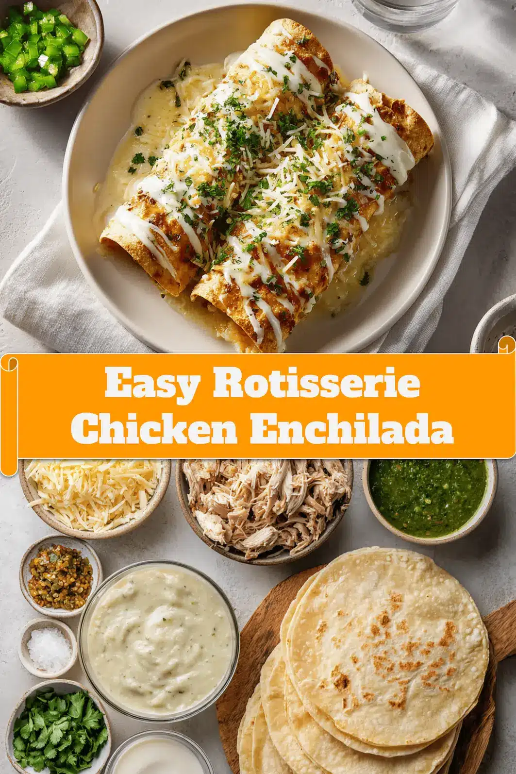 Easy Rotisserie Chicken Enchilada Recipe for Quick Dinner Wins 5 Easy Rotisserie Chicken Enchilada beautifully presented with toppings and soft colors_pin