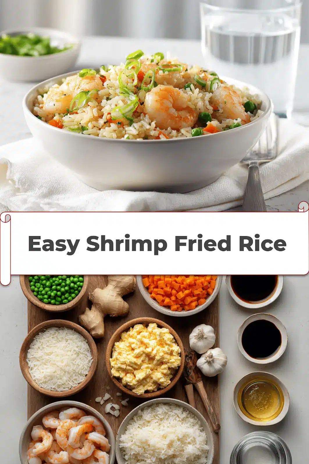 Easy Shrimp Fried Rice Recipe You Will Love! 5 Easy Shrimp Fried Rice plated on white napkin with glass of water warm natural light_pin