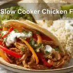 Easy Slow Cooker Chicken Fajitas with shredded chicken peppers rice guacamole lime fresh herbs