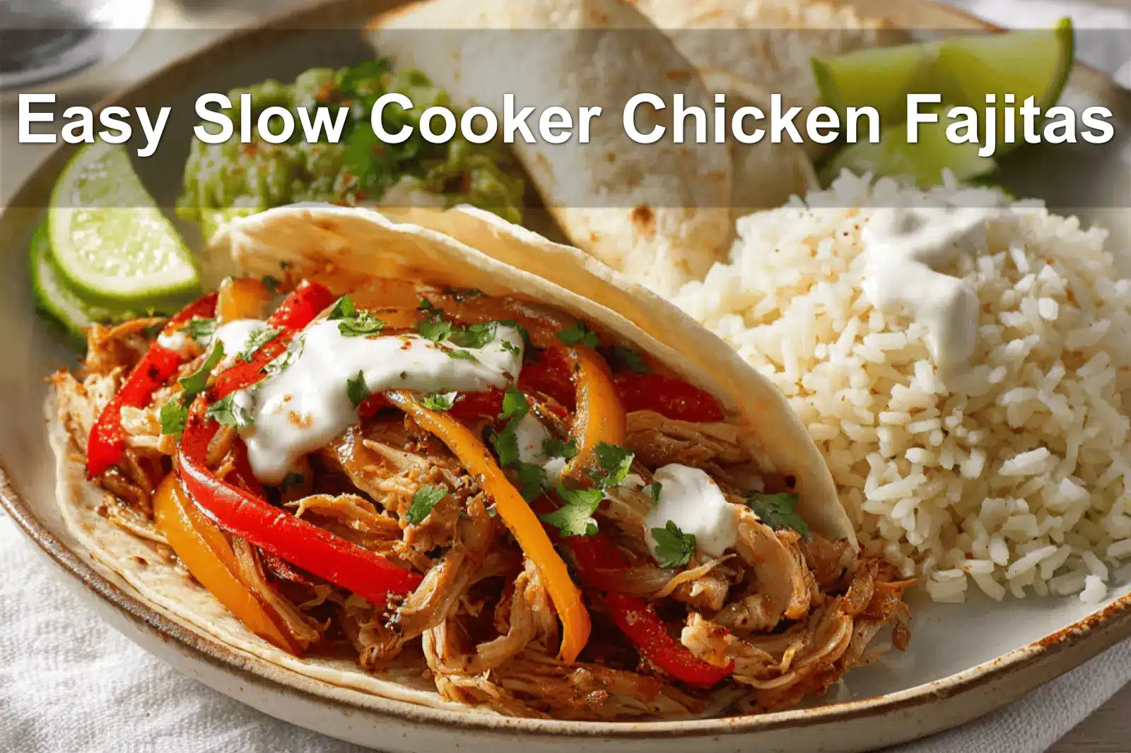 Easy Slow Cooker Chicken Fajitas with shredded chicken peppers rice guacamole lime fresh herbs