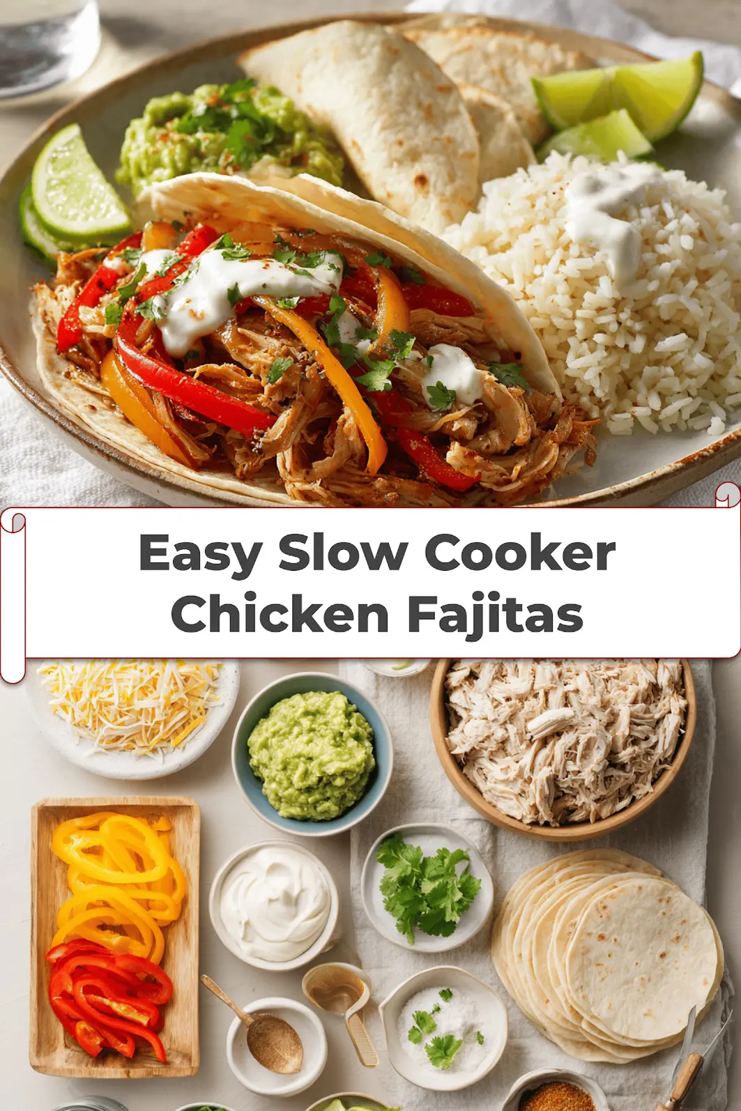Easy Slow Cooker Chicken Fajitas Recipe for Delicious Fun 5 Easy Slow Cooker Chicken Fajitas with shredded chicken peppers rice guacamole lime fresh herbs_pin