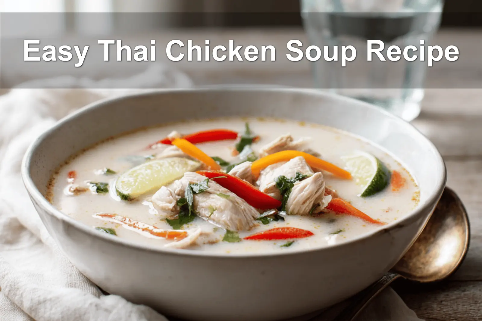 Easy Thai Chicken Soup Recipe creamy coconut broth with chicken pieces colourful peppers and lime