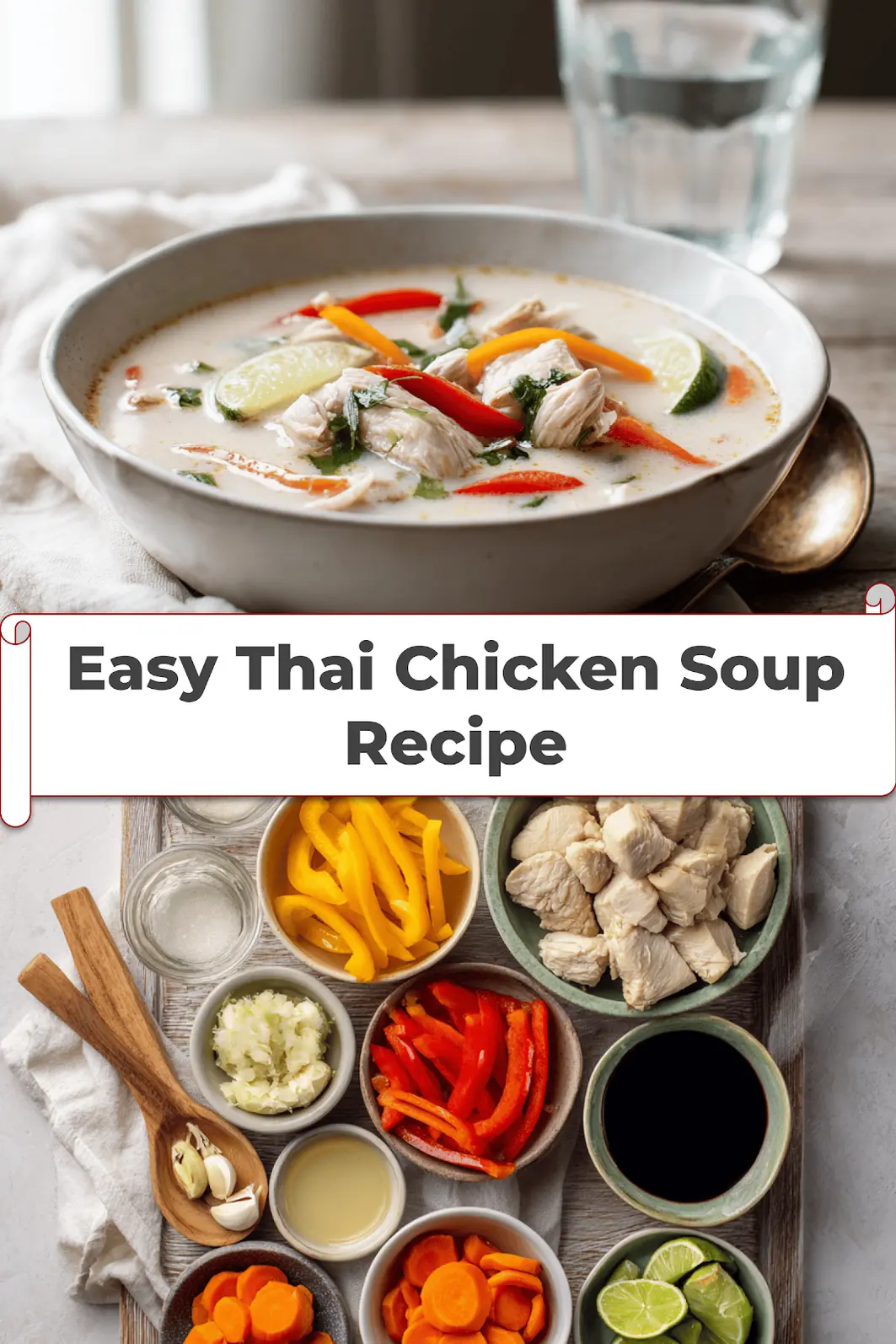 Easy Thai Chicken Soup Recipe for Delicious Comfort 5 Easy Thai Chicken Soup Recipe creamy coconut broth with chicken pieces colourful peppers and lime_pin