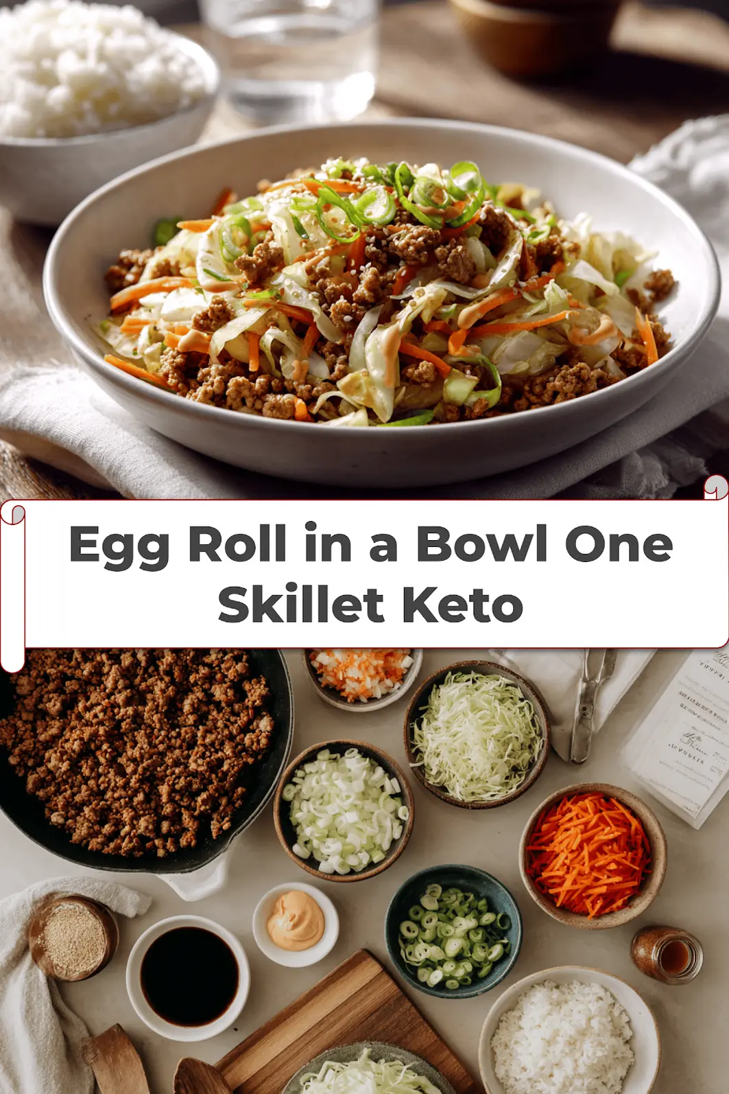 Egg Roll in a Bowl Quick Keto Meal Idea 5 Egg Roll in a Bowl One Skillet Keto aromatic turkey cabbage bowl with sriracha mayo drizzle and sesame_pin
