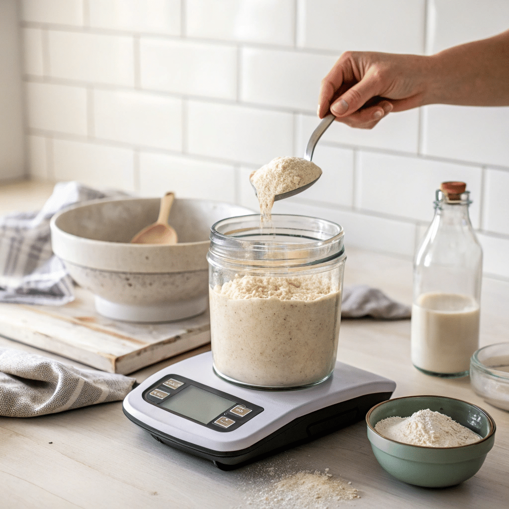 7 Essential Steps to Mastering Your Sourdough Starter: From Feeding to Troubleshooting 3 Hand spooning flour into sourdough starter jar beside bowls of flour and water