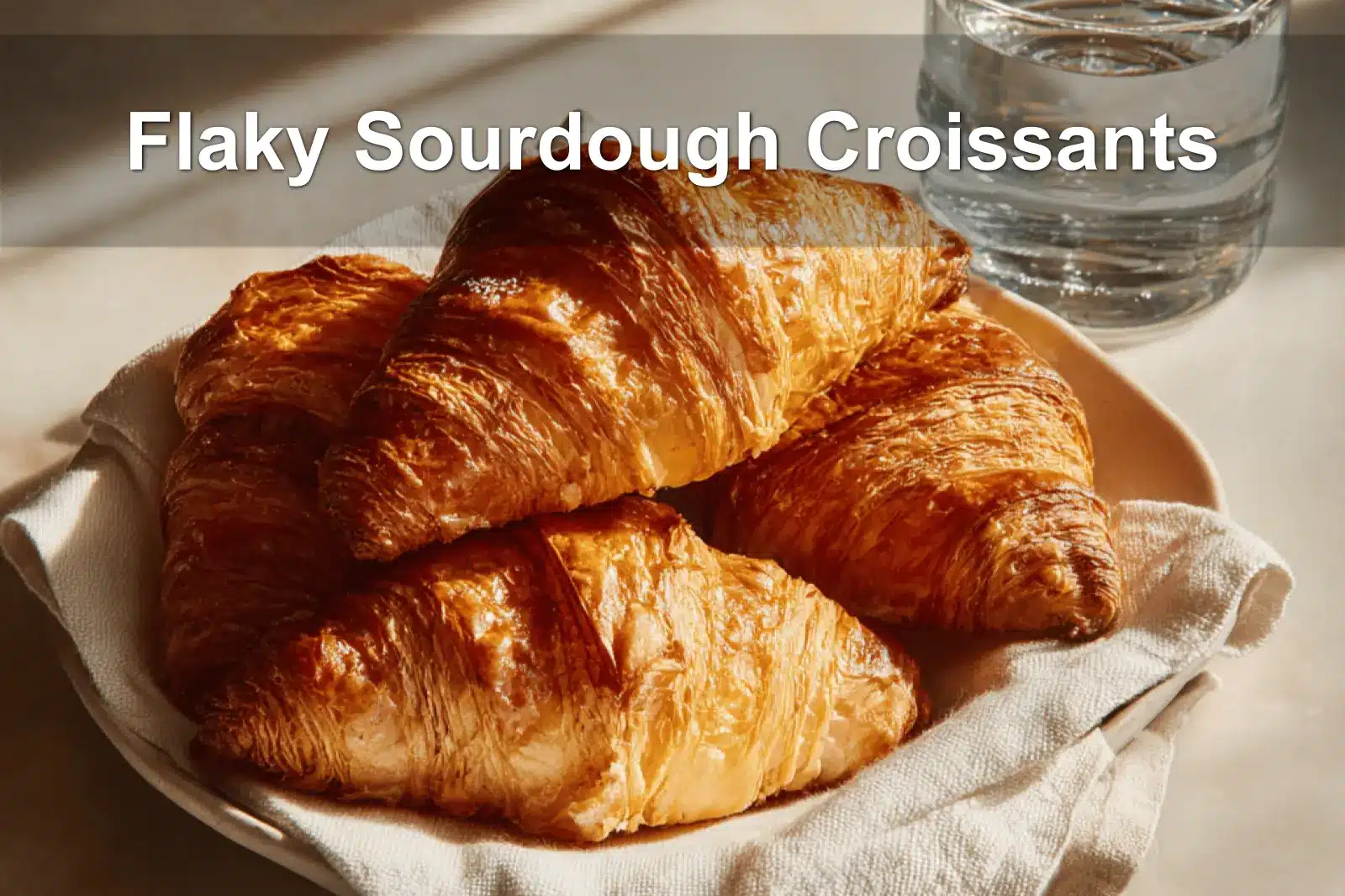 Flaky Sourdough Croissants on white napkin with water, clean and warm setup
