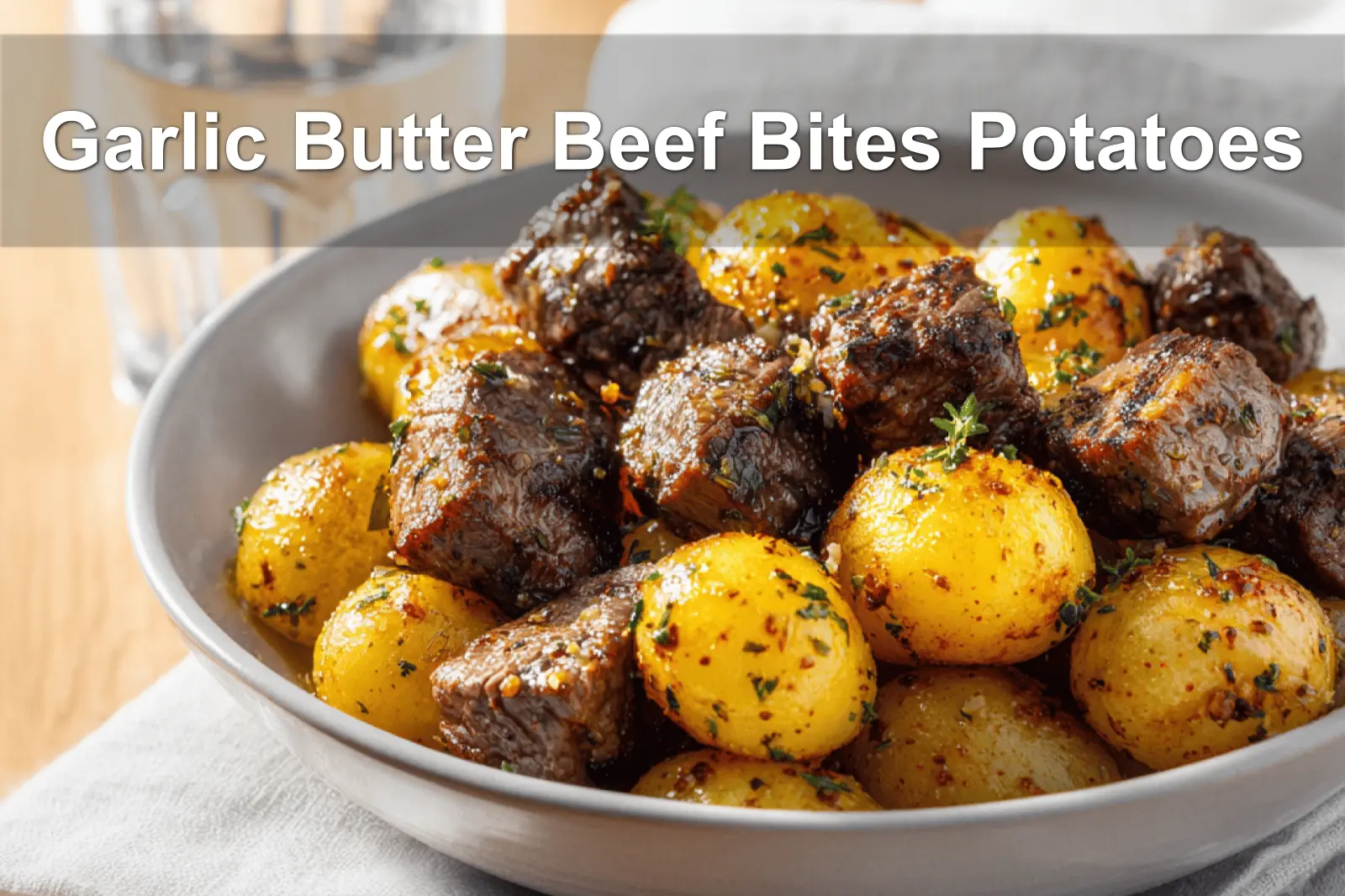 Garlic Butter Beef Bites Potatoes plated with roasted baby potatoes and garlic butter glaze