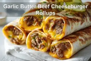 Garlic Butter Beef Cheeseburger Rollups: Easy and Irresistible Garlic Butter Beef Cheeseburger Rollups on white napkin with melted cheese and pickles