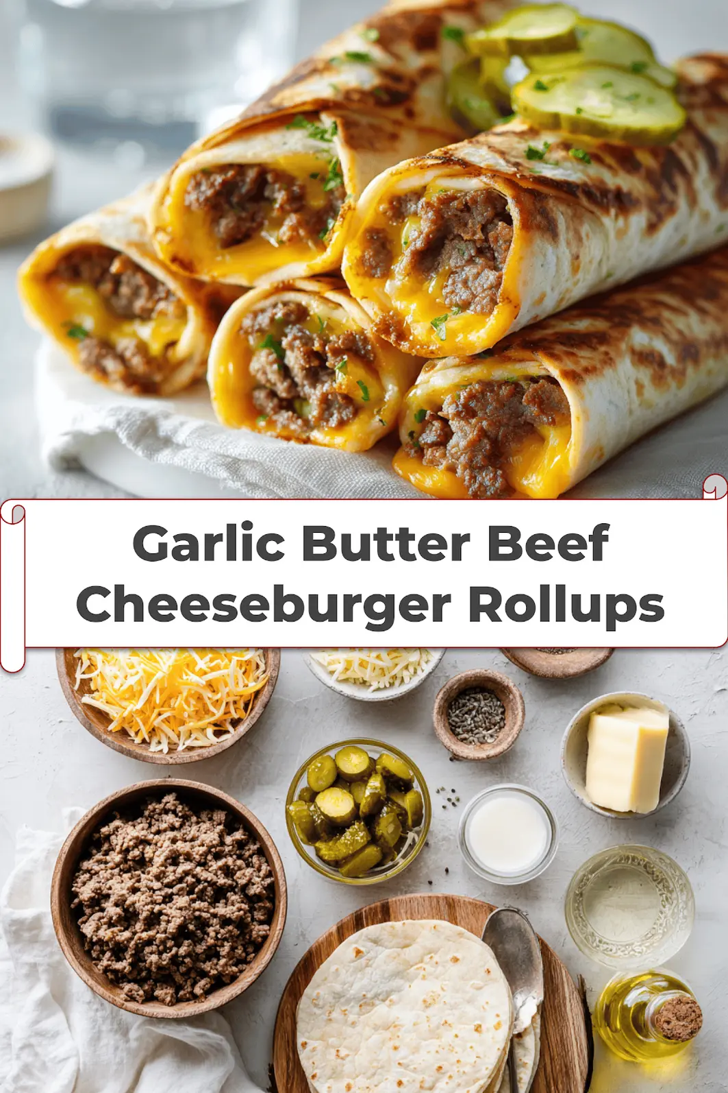 Garlic Butter Beef Cheeseburger Rollups: Easy and Irresistible 5 Garlic Butter Beef Cheeseburger Rollups on white napkin with melted cheese and pickles_pin