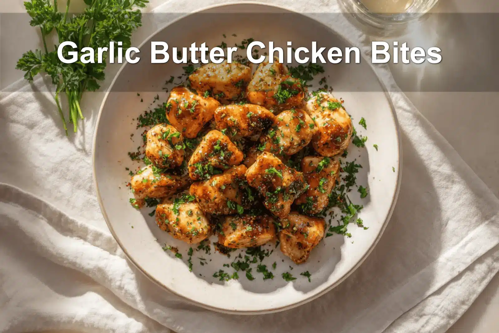 Garlic Butter Chicken Bites plated beautifully, garnished with parsley, and paired with a clear water glass