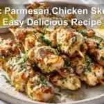 Garlic Parmesan Chicken Skewers Easy Delicious Recipe plated skewers with cheese herbs and lemon
