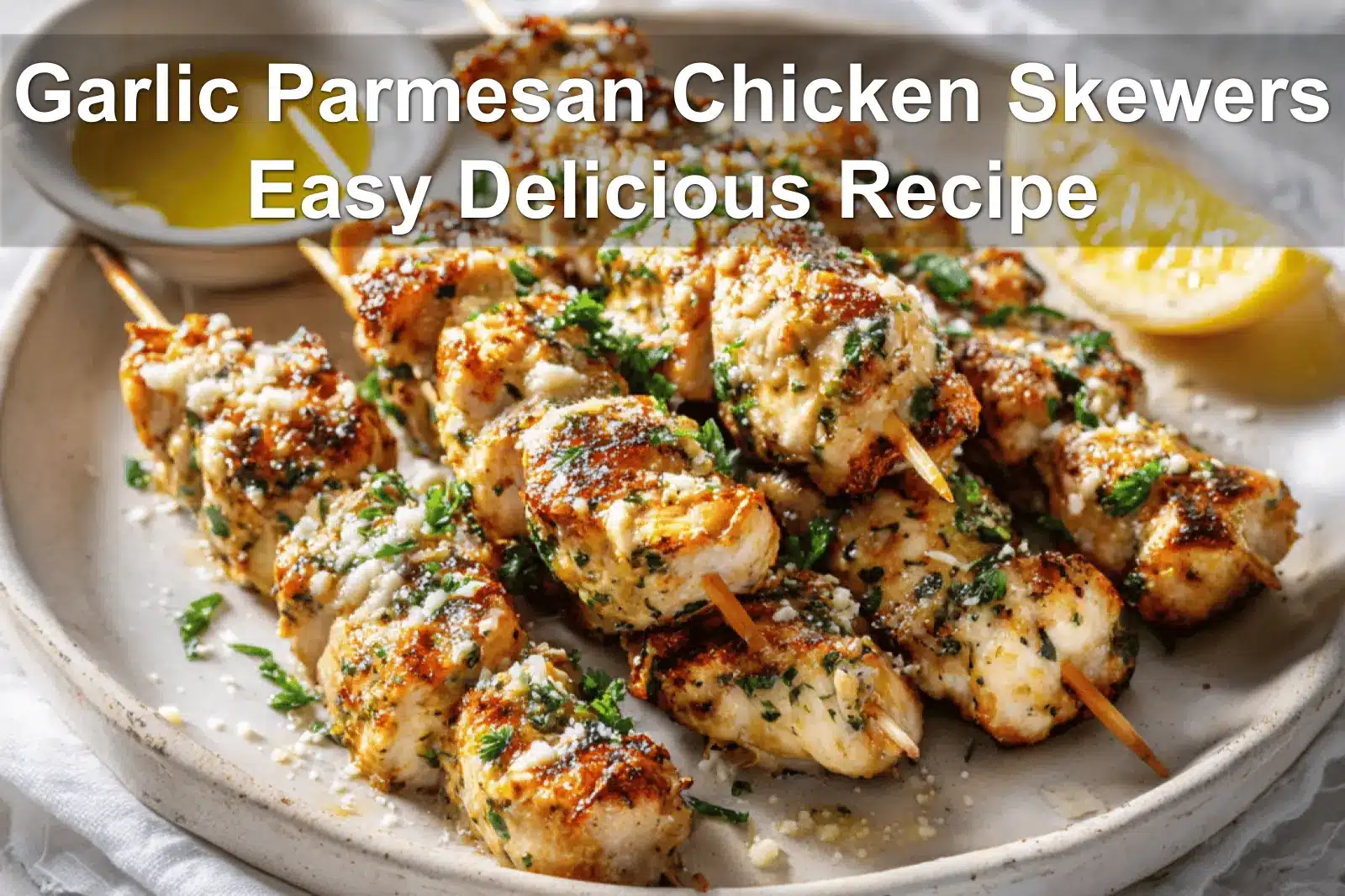Garlic Parmesan Chicken Skewers Easy Delicious Recipe plated skewers with cheese herbs and lemon