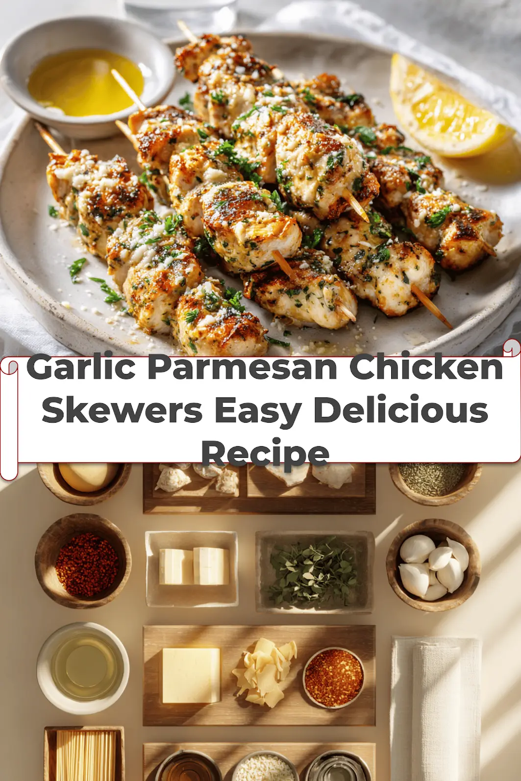 Garlic Parmesan Chicken Skewers: Easy & Delicious Recipe 5 Garlic Parmesan Chicken Skewers Easy Delicious Recipe plated skewers with cheese herbs and lemon_pin