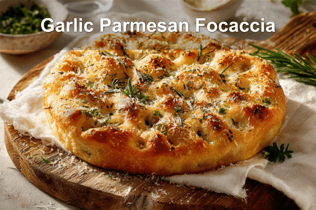 Garlic Parmesan Focaccia Bread on cloth with water glass and herbs.